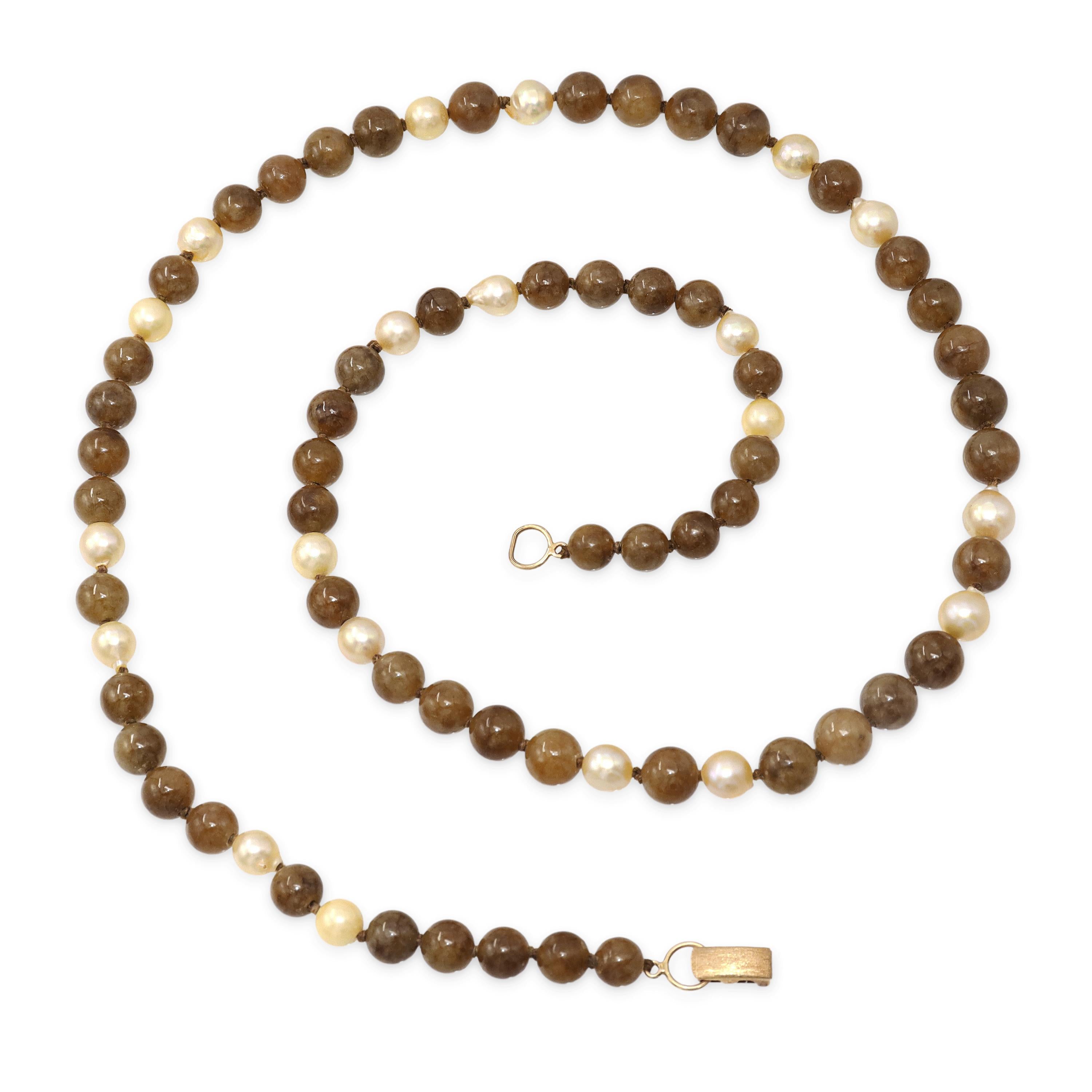 Vintage Ming’s Jade and Pearl 14K Gold Beaded Necklace