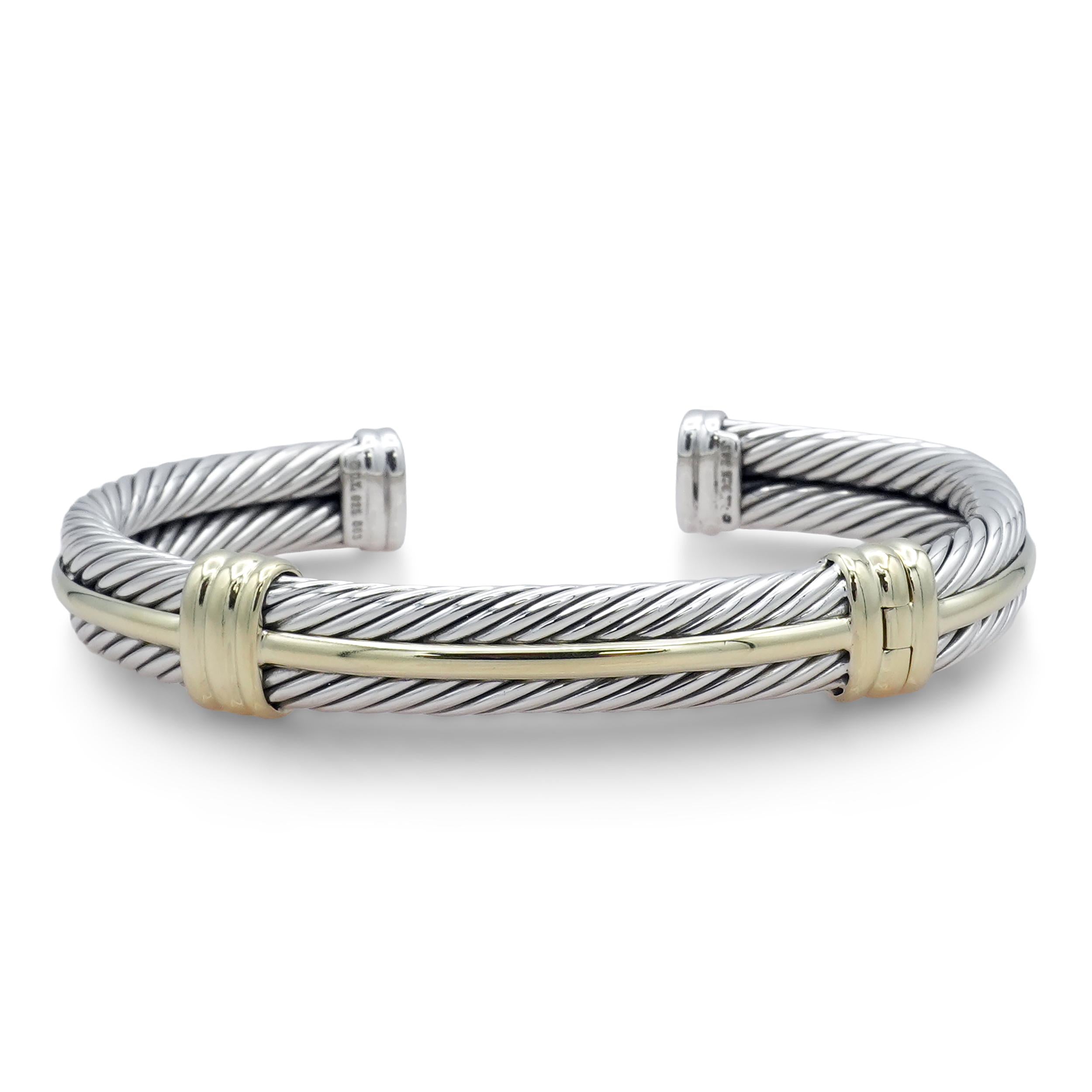 David Yurman Sterling Silver 14K Yellow Gold Double Cable Hinged Cuff Bracelet