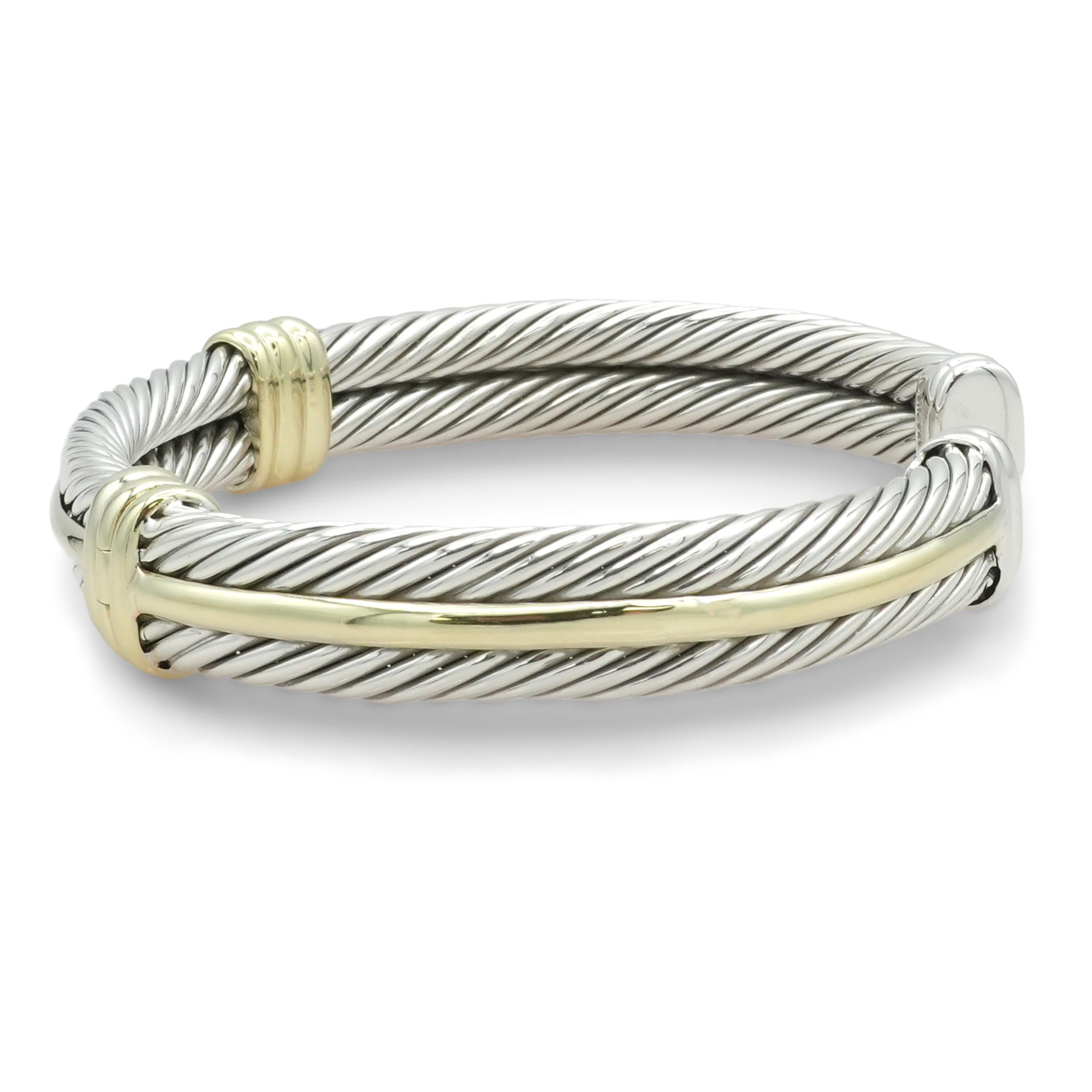 David Yurman Sterling Silver 14K Yellow Gold Double Cable Hinged Cuff Bracelet