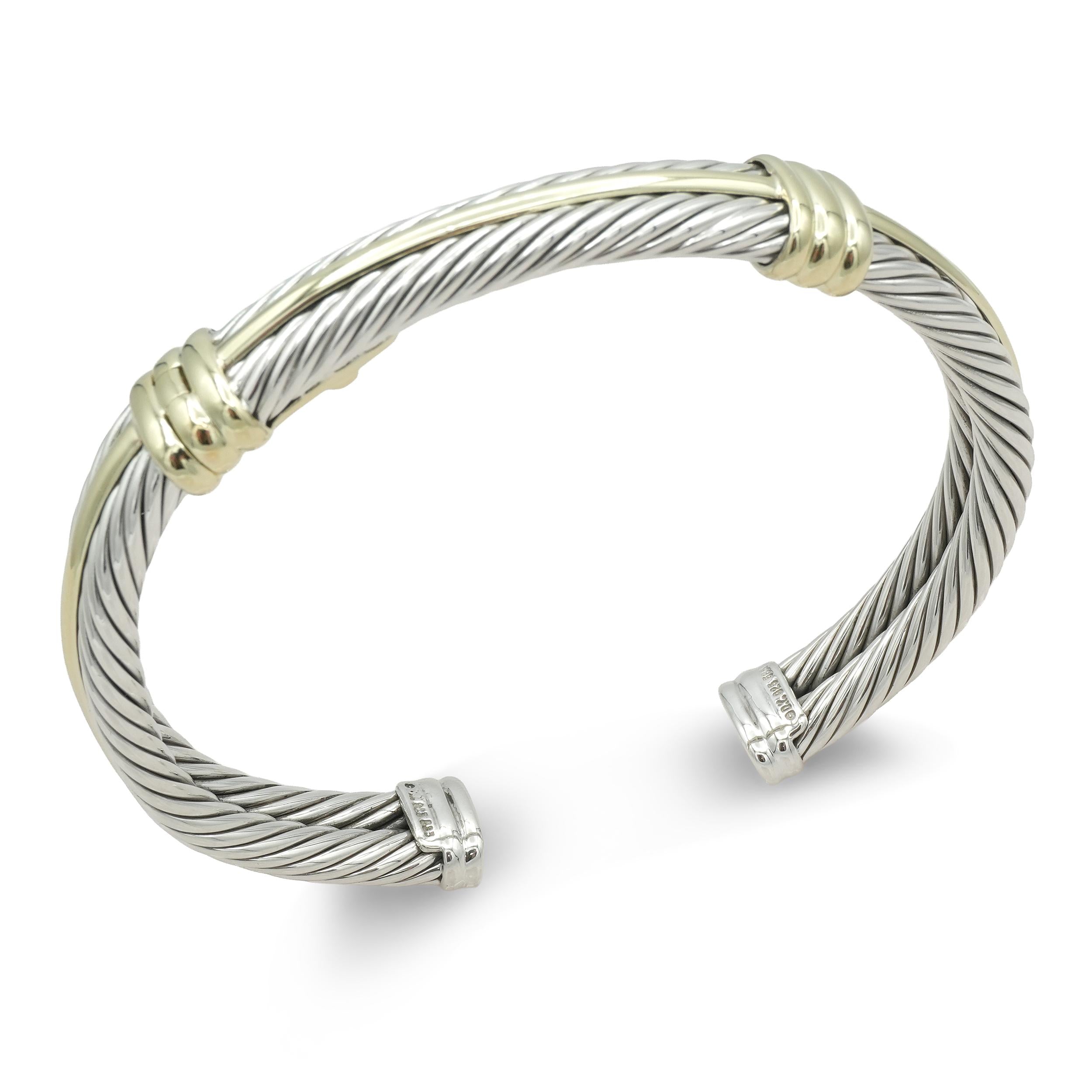 David Yurman Sterling Silver 14K Yellow Gold Double Cable Hinged Cuff Bracelet