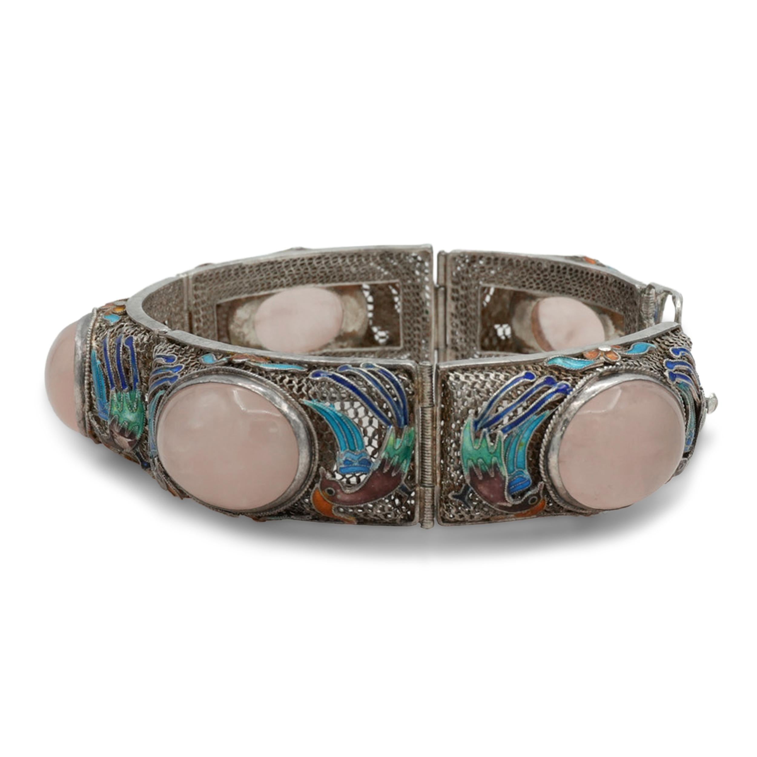 Antique Chinese Export Silver Rose Quartz Enamel Bird Bracelet