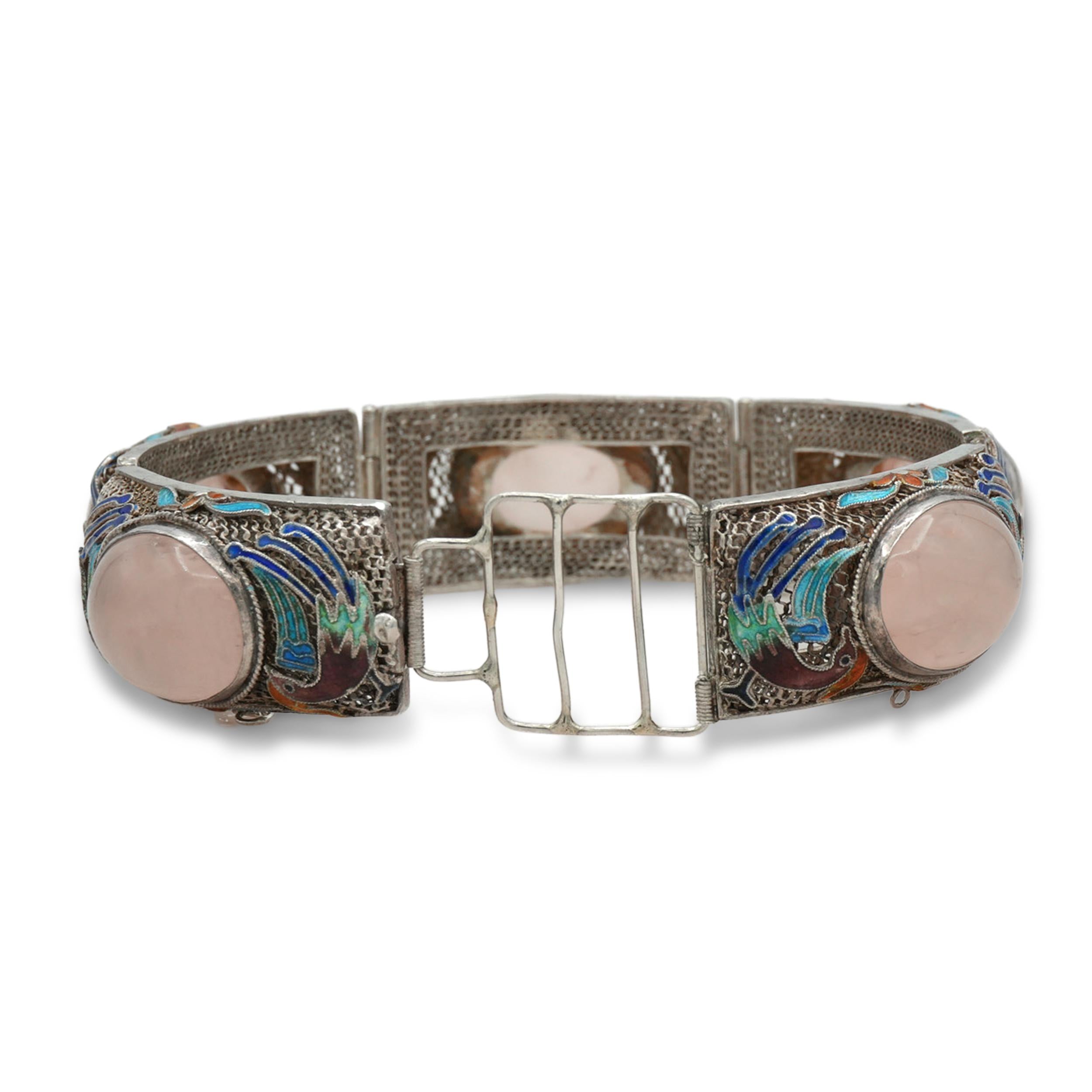 Antique Chinese Export Silver Rose Quartz Enamel Bird Bracelet