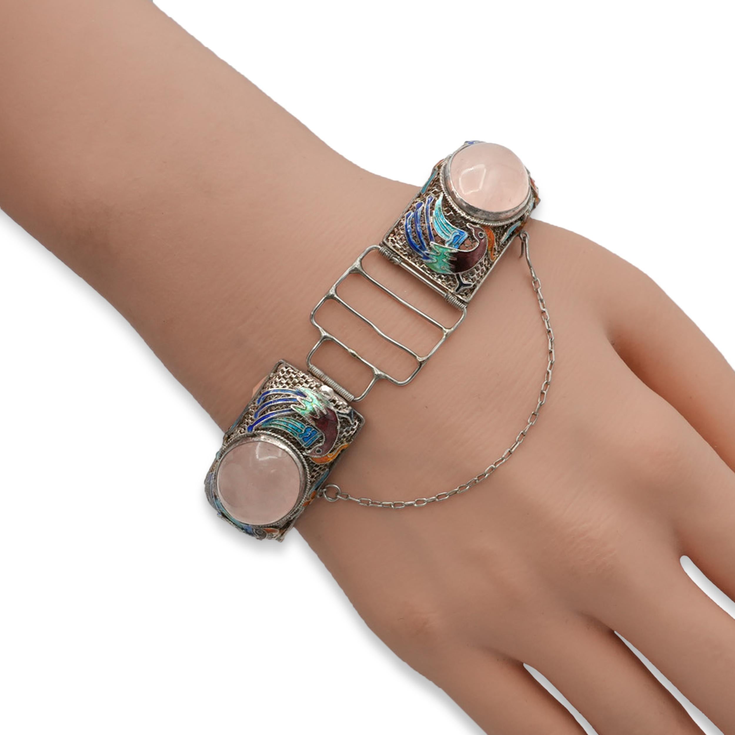 Antique Chinese Export Silver Rose Quartz Enamel Bird Bracelet