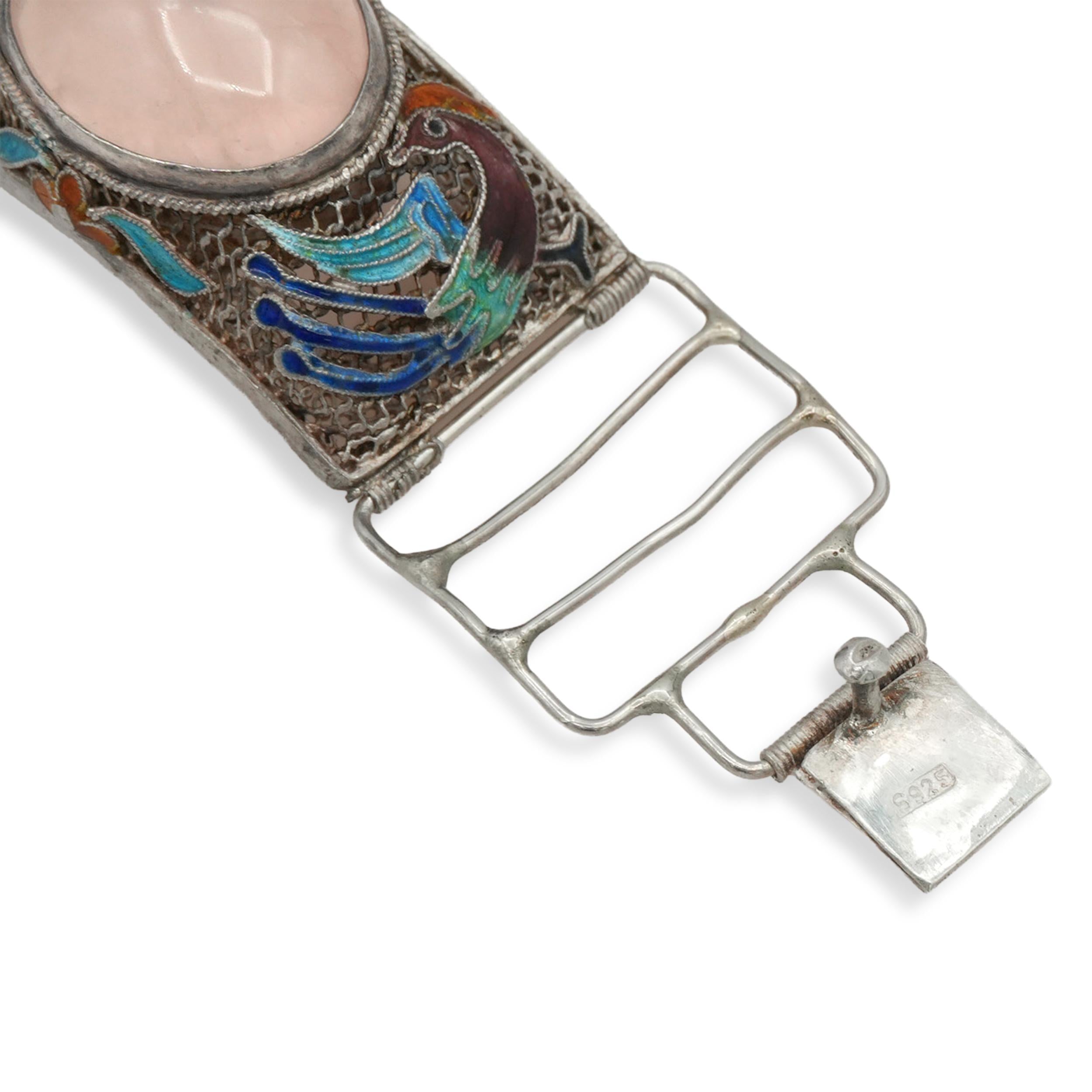 Antique Chinese Export Silver Rose Quartz Enamel Bird Bracelet