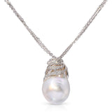 Vintage 18k White Gold Diamond and 17mm Baroque South Sea Pearl Pendant Necklace