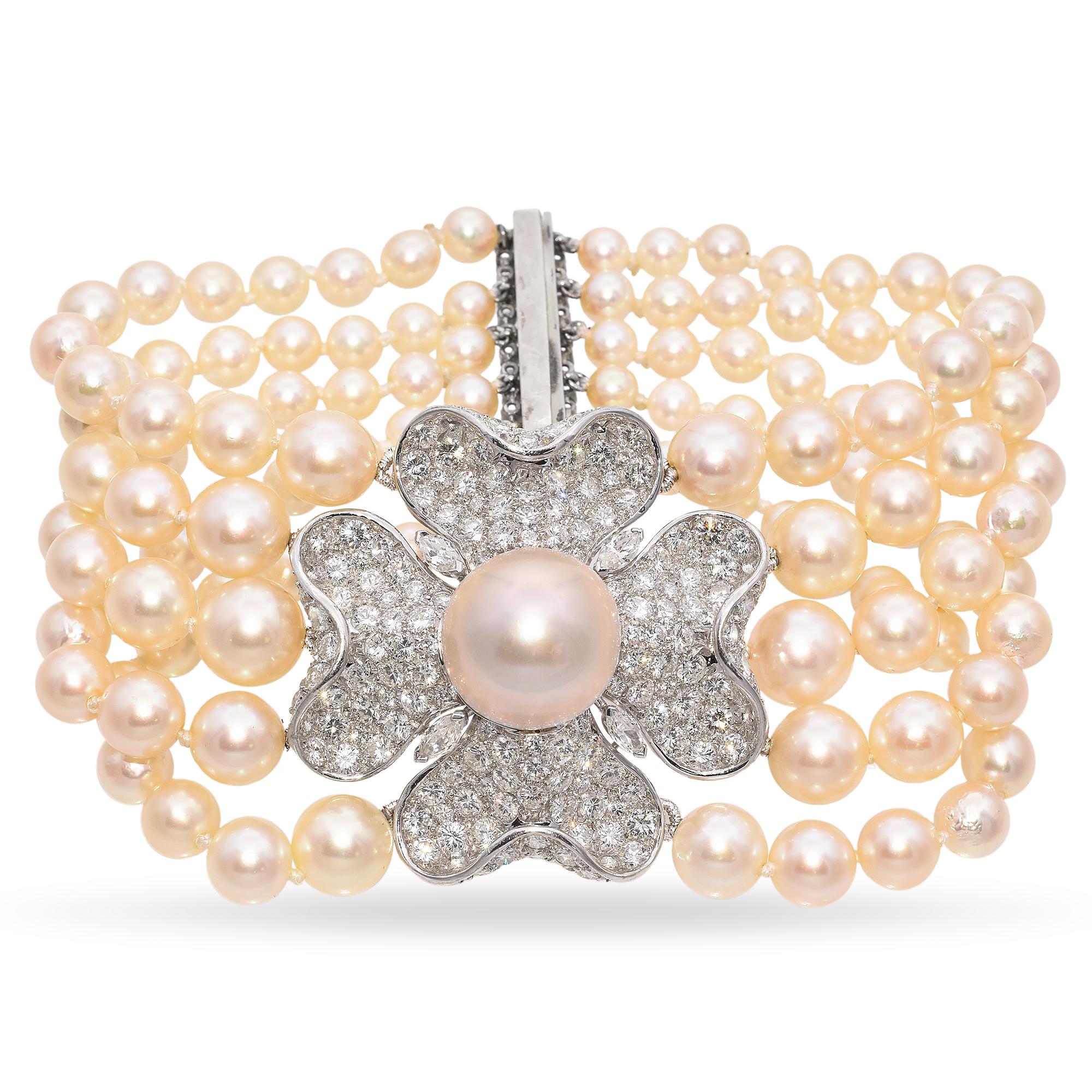Vintage Platinum Diamond Flower Five Strand Graduated Pearl Bracelet