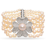 Vintage Platinum Diamond Flower Five Strand Graduated Pearl Bracelet