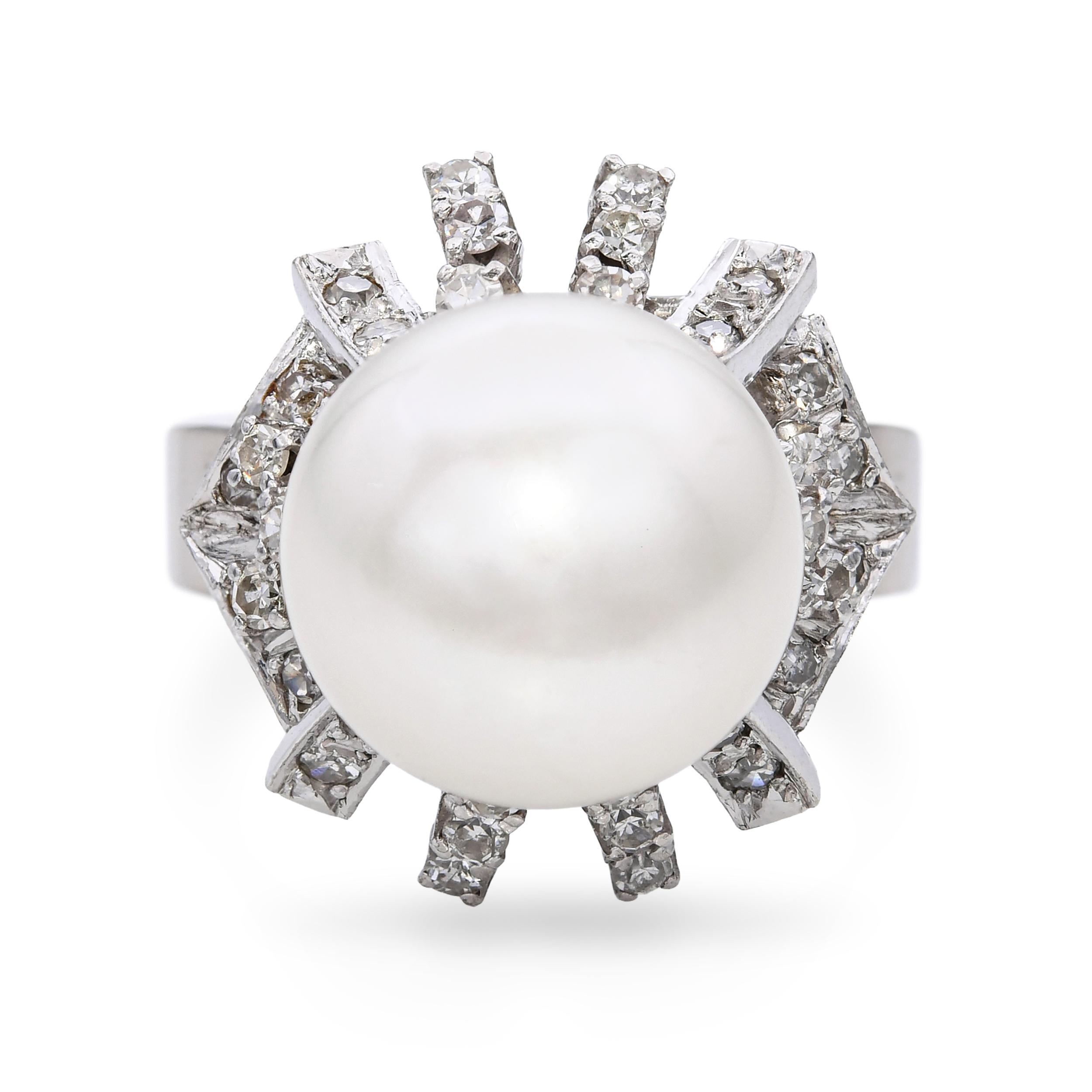 Vintage White Gold Silver Alloy Pearl and Diamond Ring