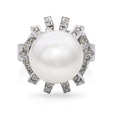 Vintage White Gold Silver Alloy Pearl and Diamond Ring