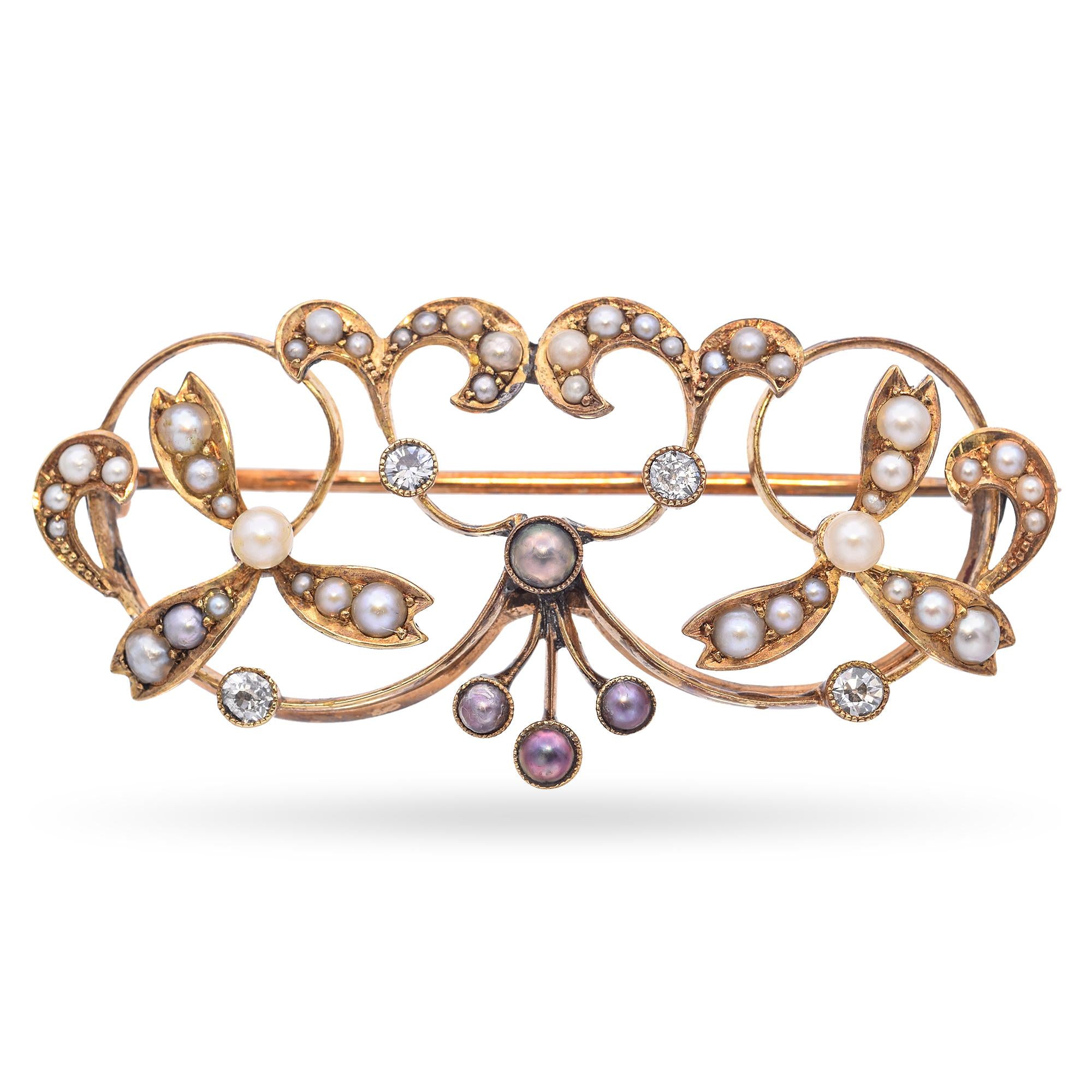 Antique 14k Yellow Gold Seed Pearl and Diamond Brooch