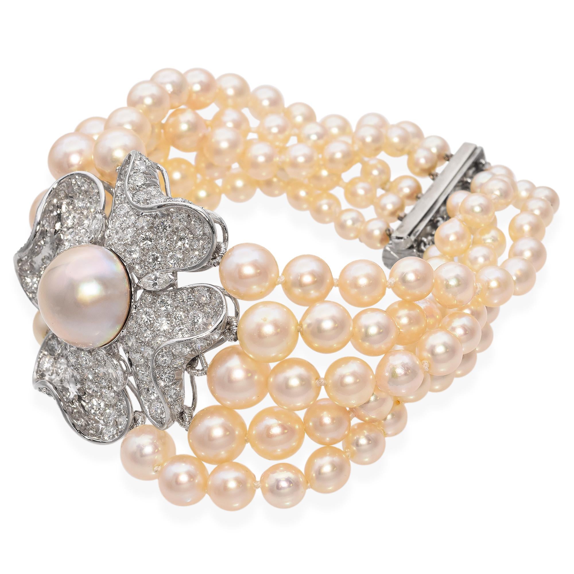 Vintage Platinum Diamond Flower Five Strand Graduated Pearl Bracelet