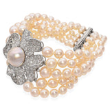 Vintage Platinum Diamond Flower Five Strand Graduated Pearl Bracelet
