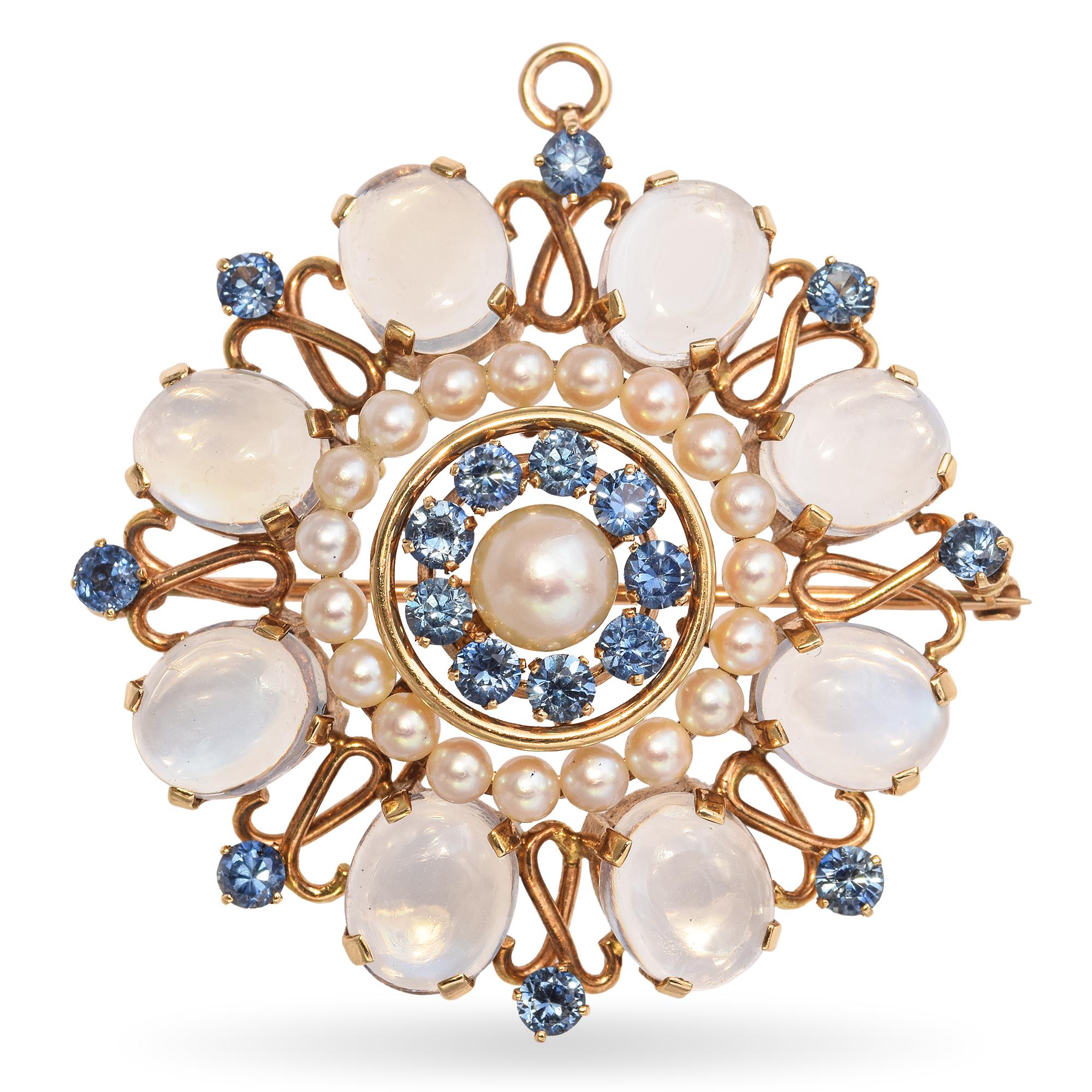 Vintage 14k Yellow Gold Moonstone Sapphire and Pearl Brooch Pendant