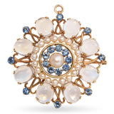 Vintage 14k Yellow Gold Moonstone Sapphire and Pearl Brooch Pendant