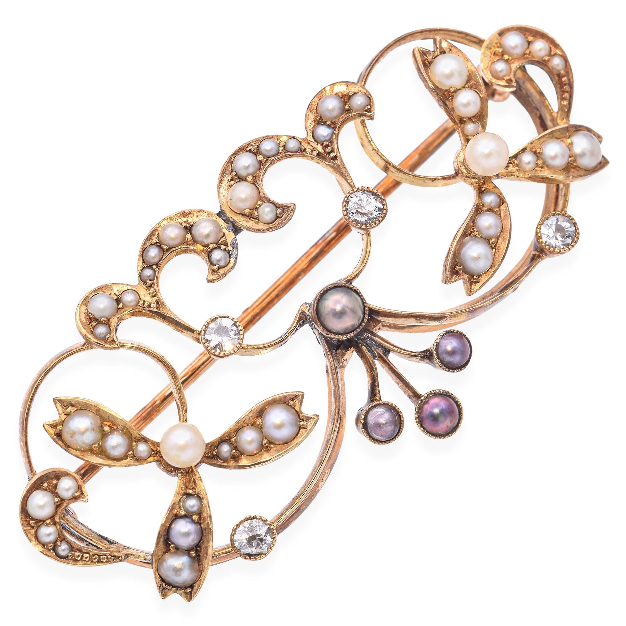 Antique 14k Yellow Gold Seed Pearl and Diamond Brooch