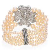 Vintage Platinum Diamond Flower Five Strand Graduated Pearl Bracelet