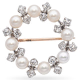 Antique 14k Yellow Gold and Platinum Pearl Diamond Brooch Pin
