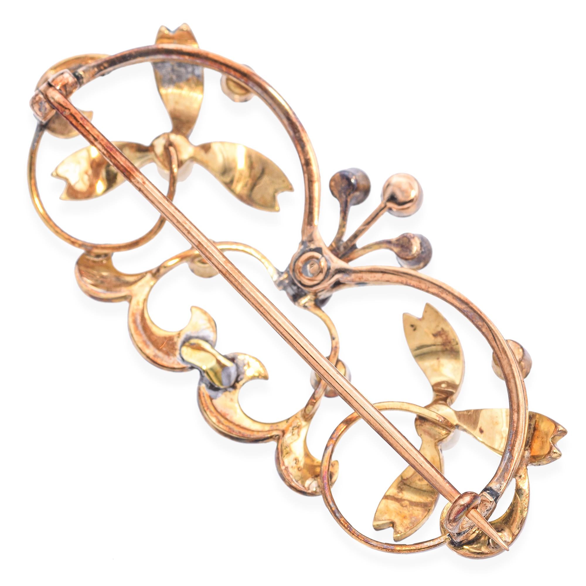 Antique 14k Yellow Gold Seed Pearl and Diamond Brooch