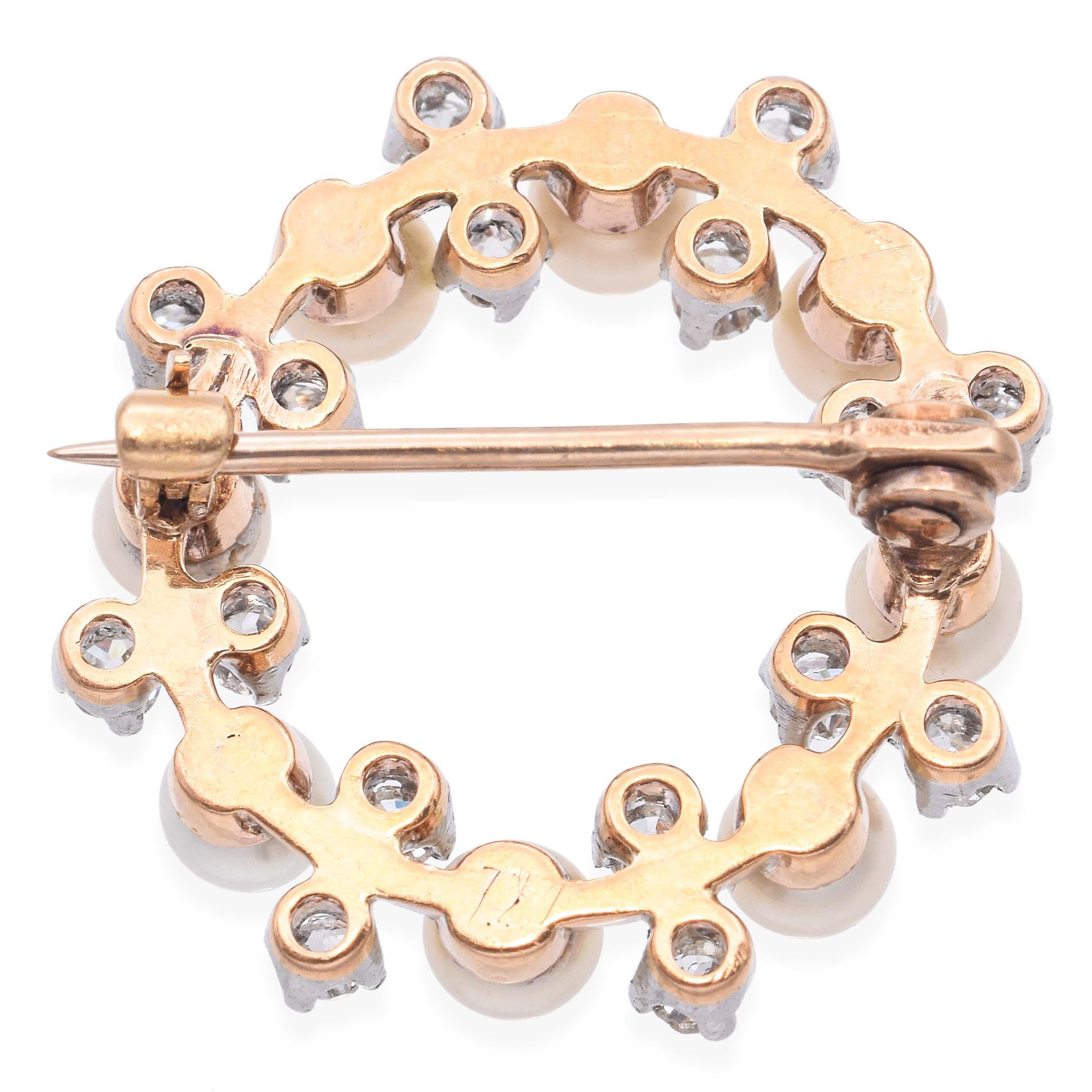 Antique 14k Yellow Gold and Platinum Pearl Diamond Brooch Pin