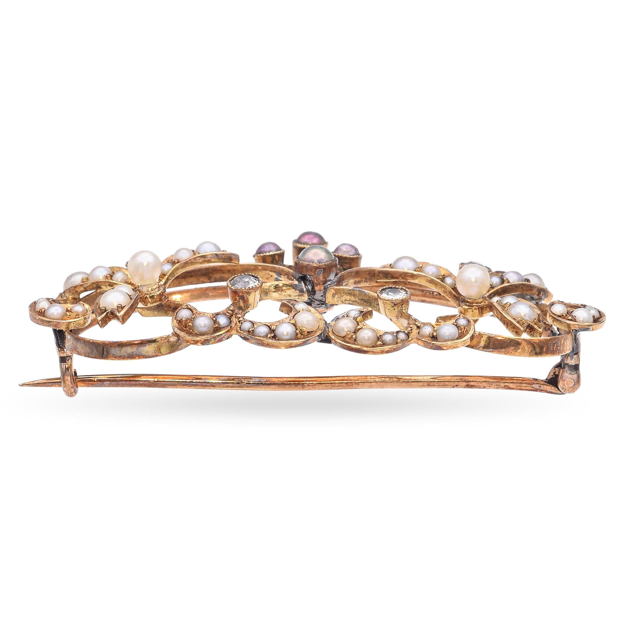 Antique 14k Yellow Gold Seed Pearl and Diamond Brooch