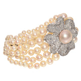 Vintage Platinum Diamond Flower Five Strand Graduated Pearl Bracelet