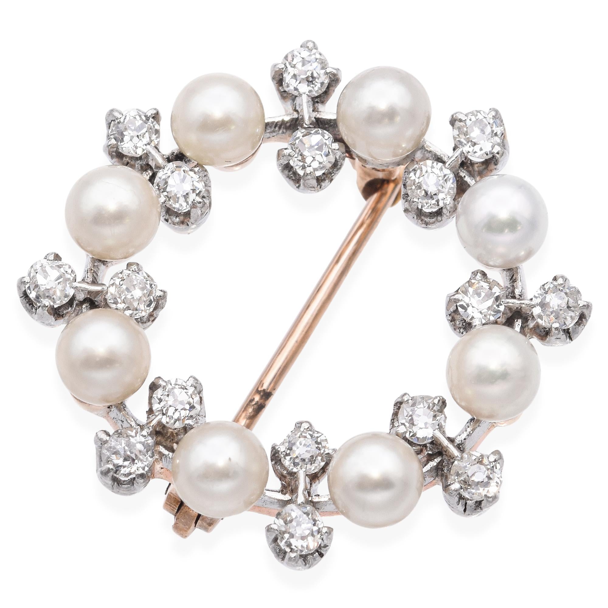 Antique 14k Yellow Gold and Platinum Pearl Diamond Brooch Pin