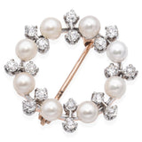 Antique 14k Yellow Gold and Platinum Pearl Diamond Brooch Pin