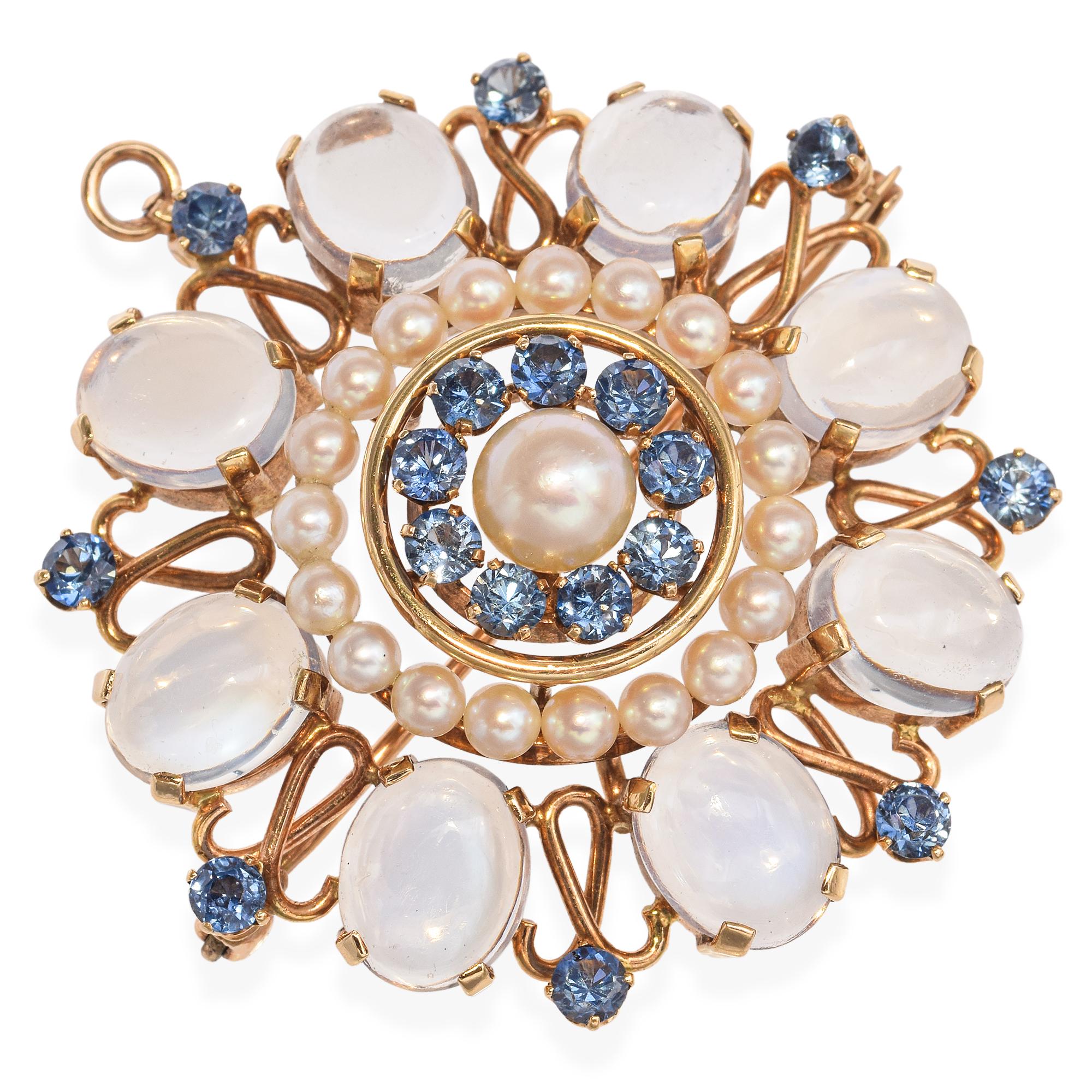 Vintage 14k Yellow Gold Moonstone Sapphire and Pearl Brooch Pendant