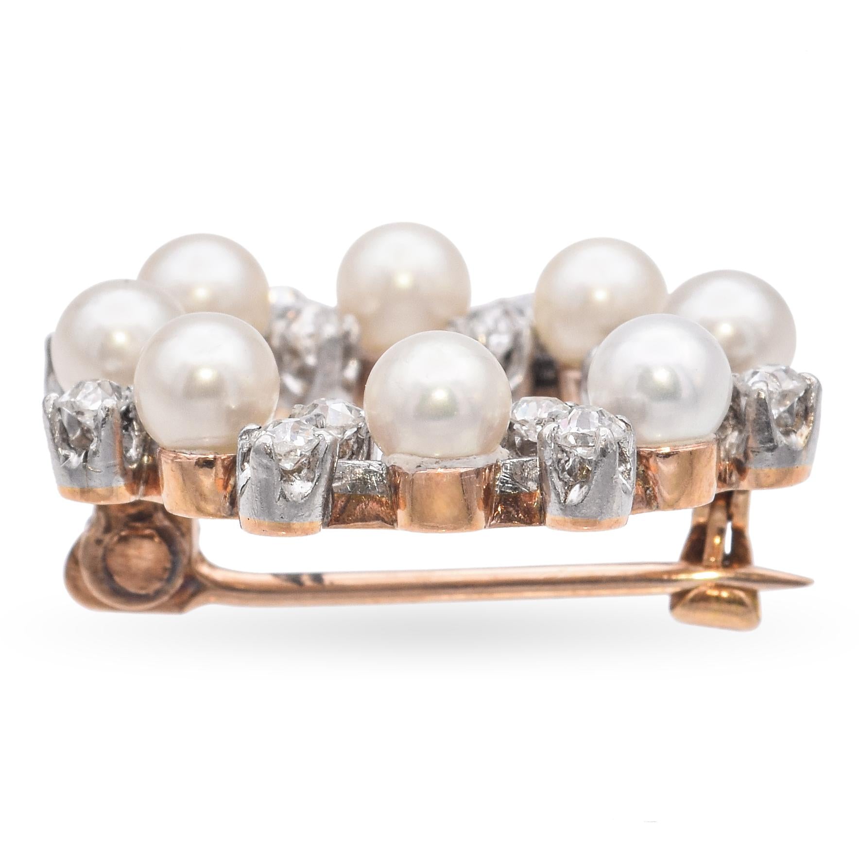 Antique 14k Yellow Gold and Platinum Pearl Diamond Brooch Pin