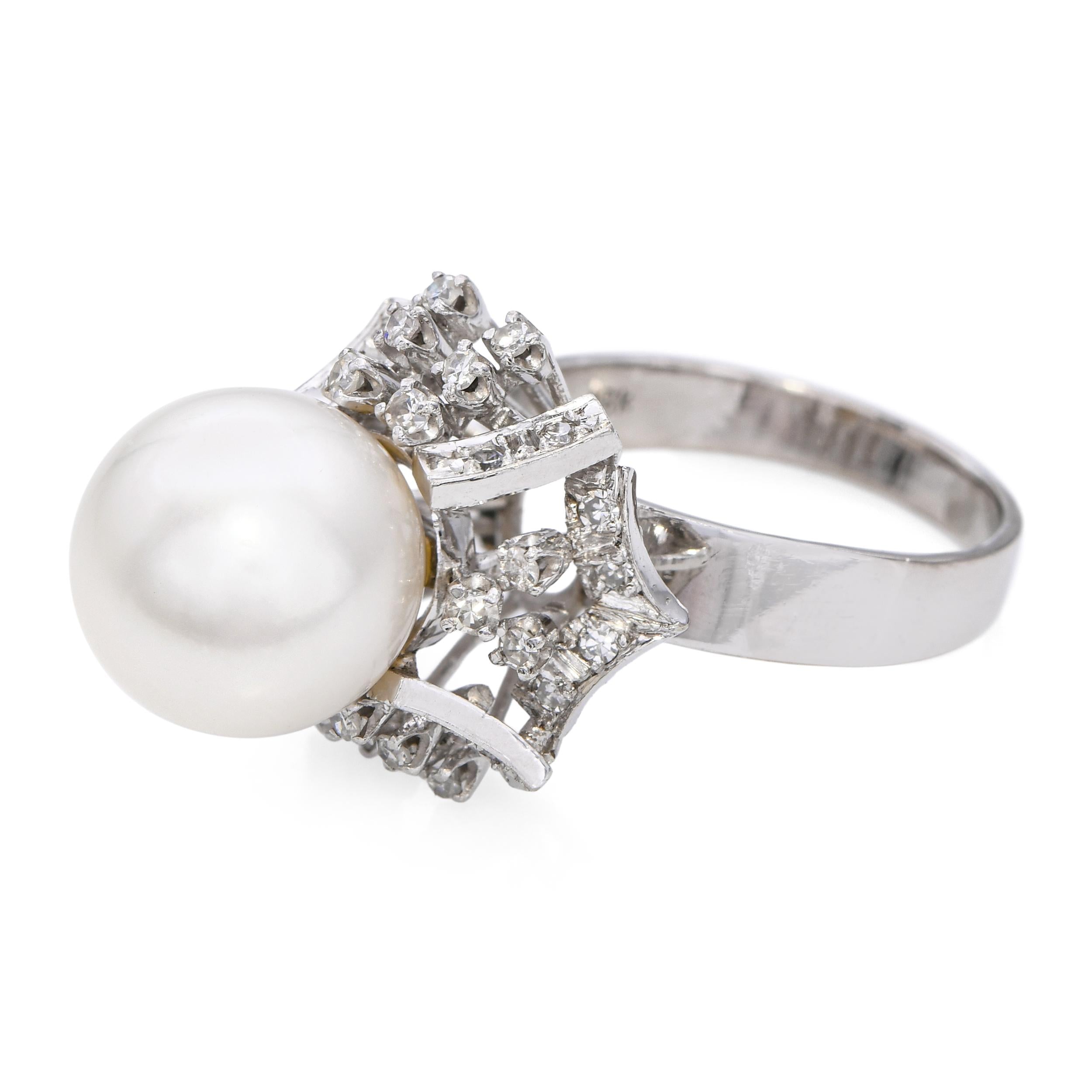 Vintage White Gold Silver Alloy Pearl and Diamond Ring