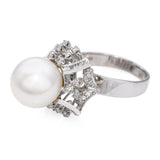 Vintage White Gold Silver Alloy Pearl and Diamond Ring