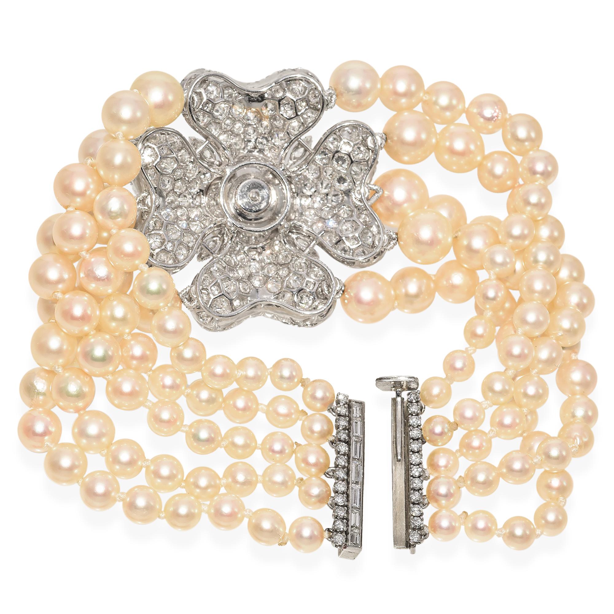 Vintage Platinum Diamond Flower Five Strand Graduated Pearl Bracelet