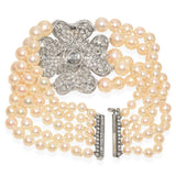 Vintage Platinum Diamond Flower Five Strand Graduated Pearl Bracelet