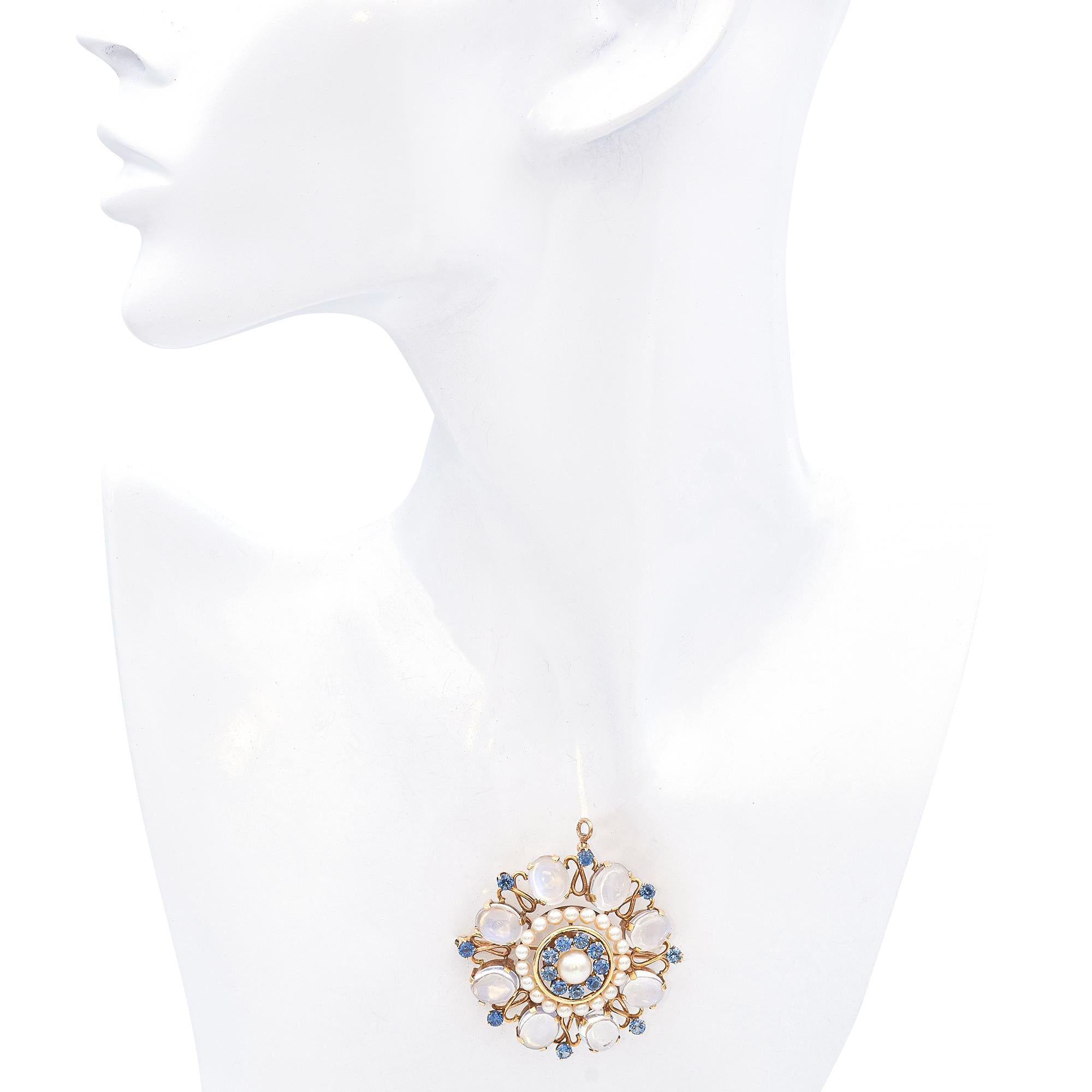 Vintage 14k Yellow Gold Moonstone Sapphire and Pearl Brooch Pendant