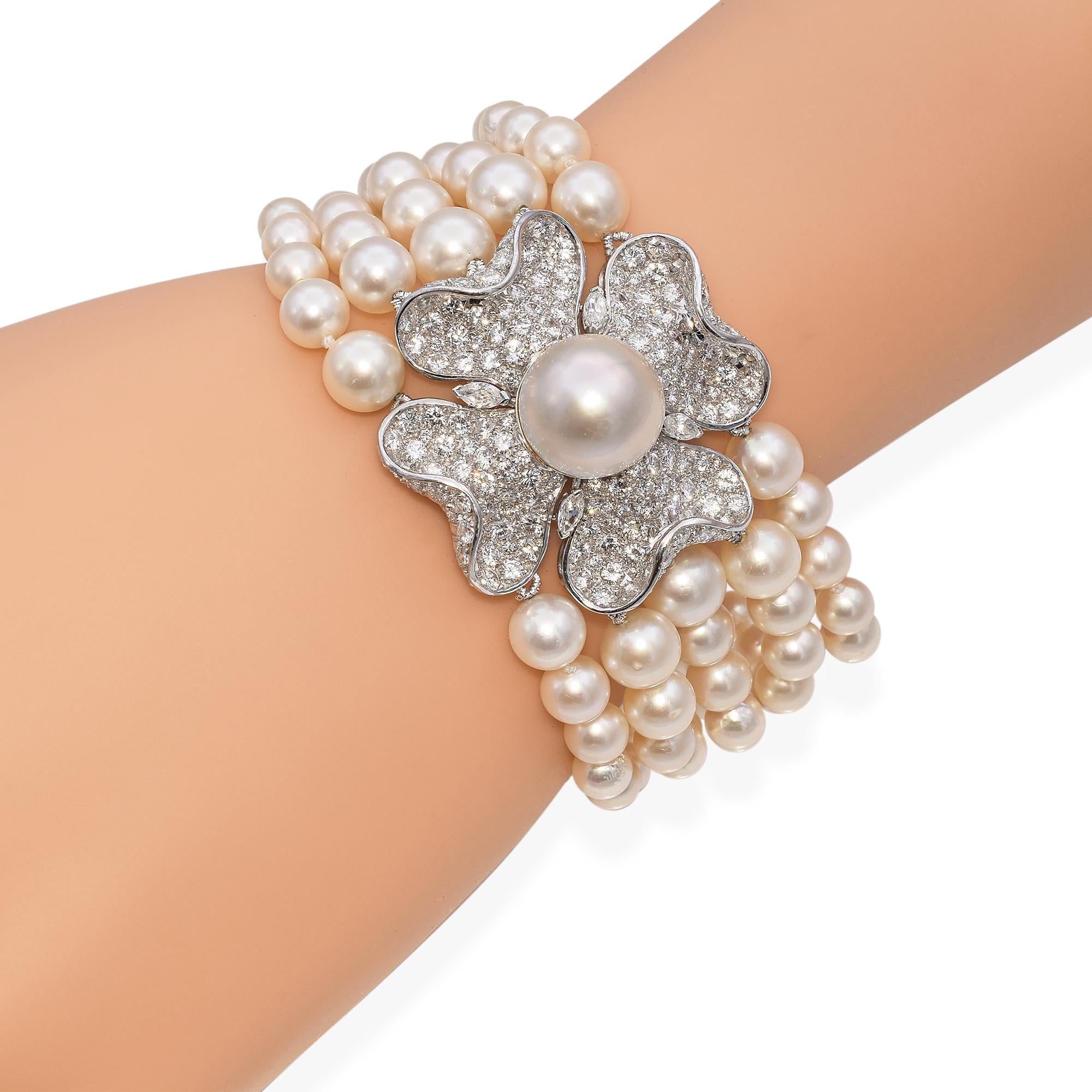 Vintage Platinum Diamond Flower Five Strand Graduated Pearl Bracelet