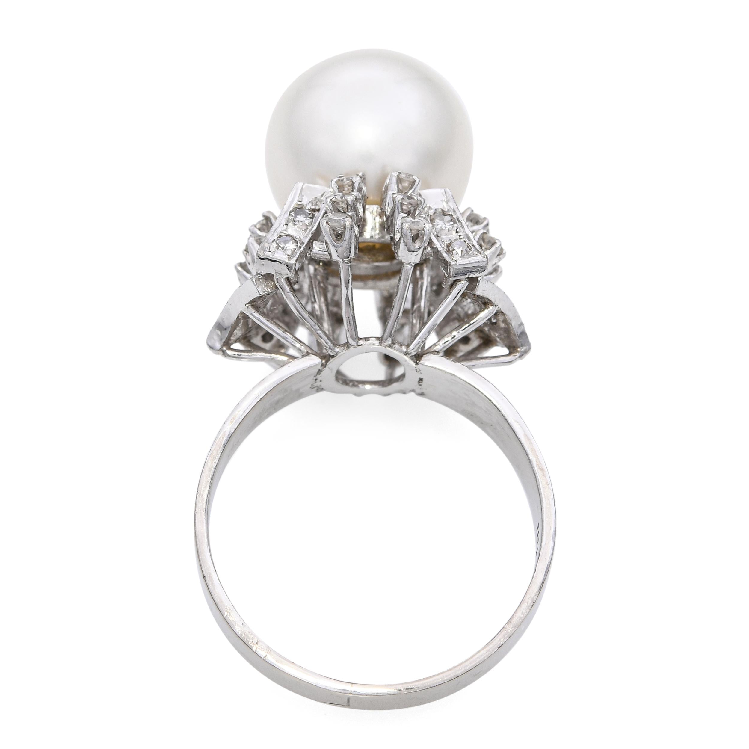 Vintage White Gold Silver Alloy Pearl and Diamond Ring