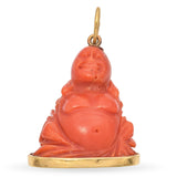 Vintage 18k Yellow Gold Carved Red Coral Smiling Buddha 3D Pendant