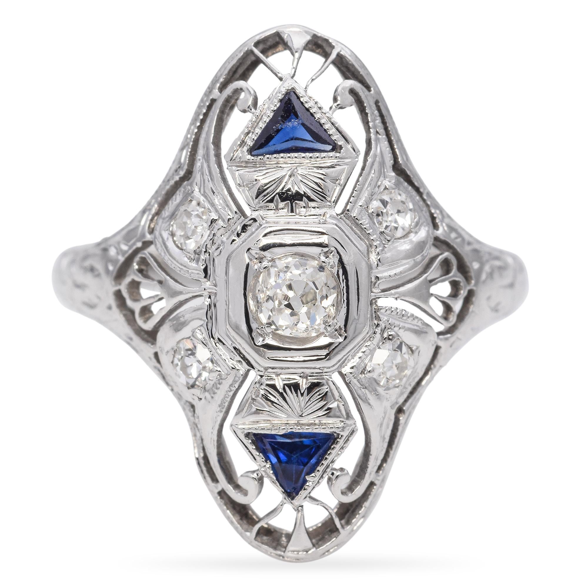 Art Deco 18k White Gold Diamond and Sapphire Filigree Dinner Ring