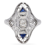 Art Deco 18k White Gold Diamond and Sapphire Filigree Dinner Ring