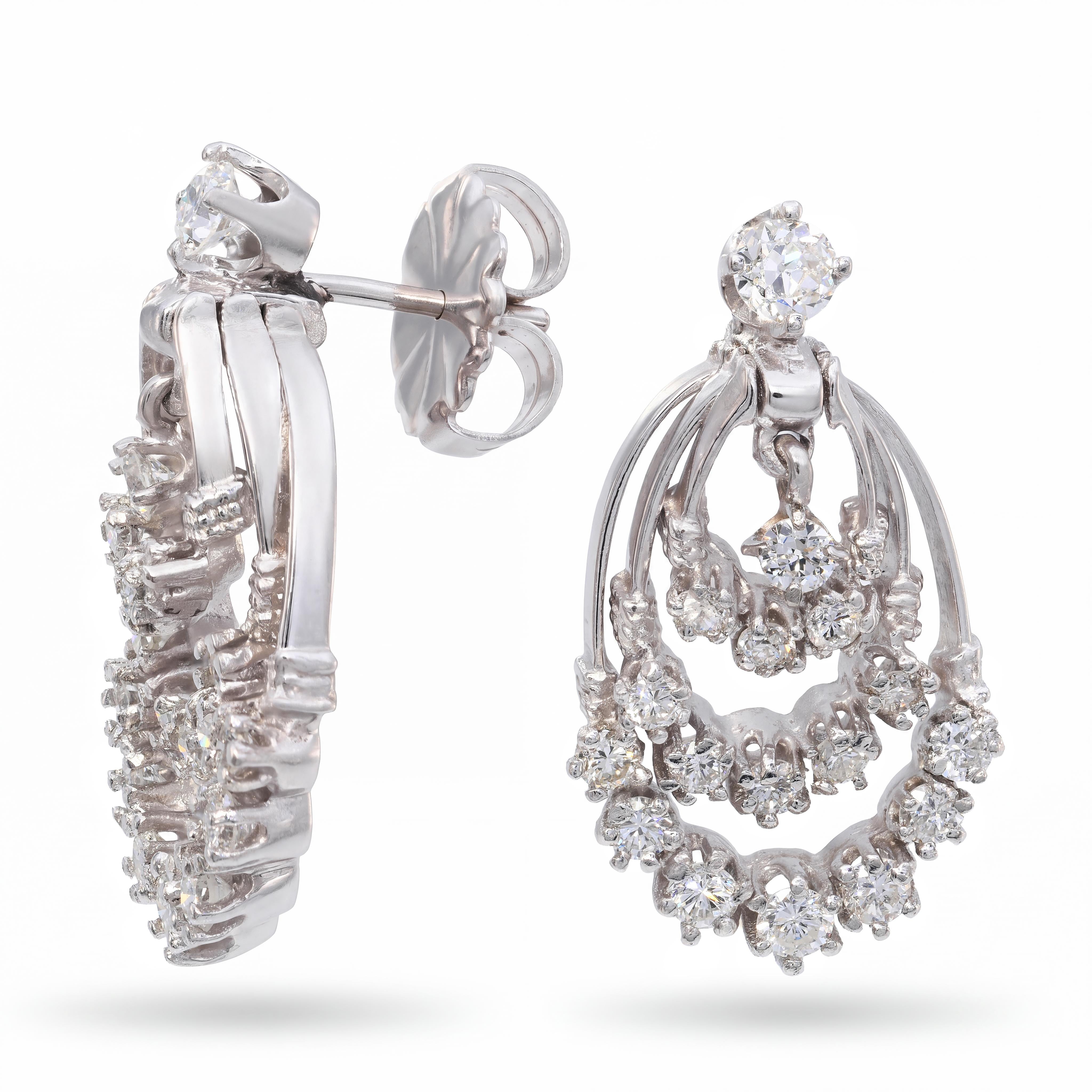 Vintage 14k White Gold 1.08tcw Diamond Articulated Teardrop Earrings