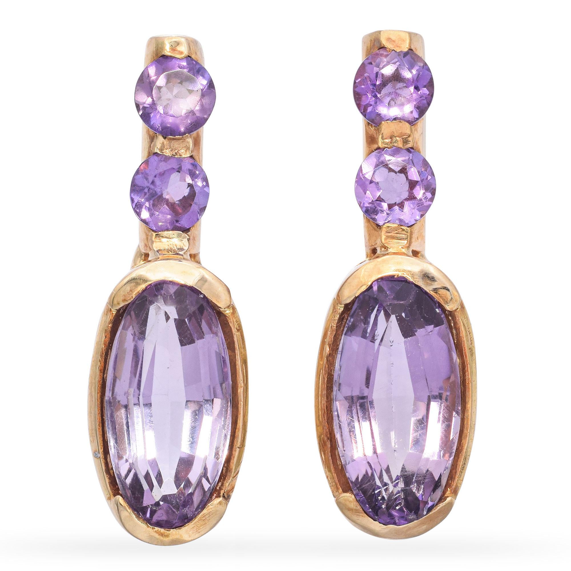 14k Yellow Gold 4.7tcw Amethyst Drop Earrings