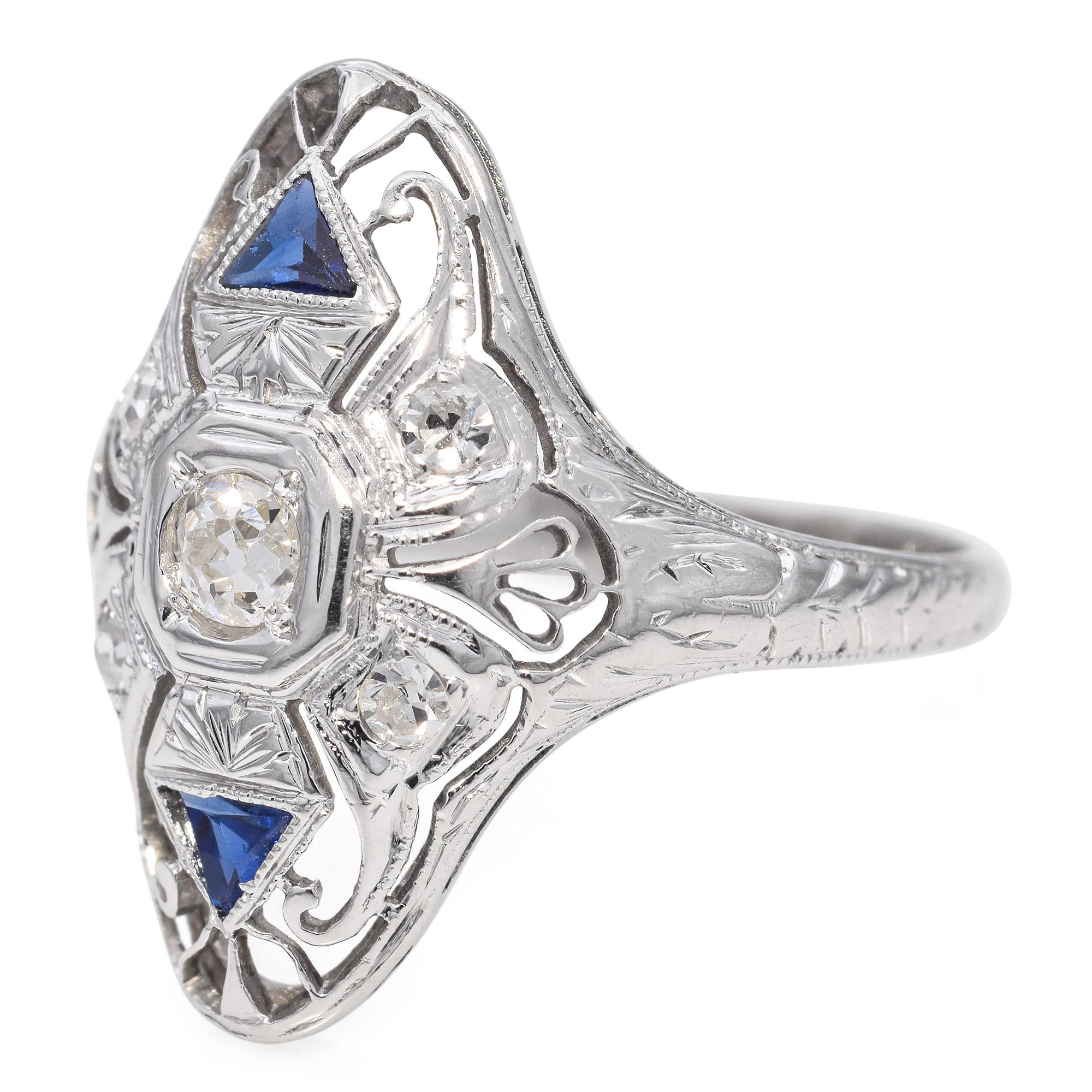Art Deco 18k White Gold Diamond and Sapphire Filigree Dinner Ring