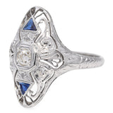 Art Deco 18k White Gold Diamond and Sapphire Filigree Dinner Ring