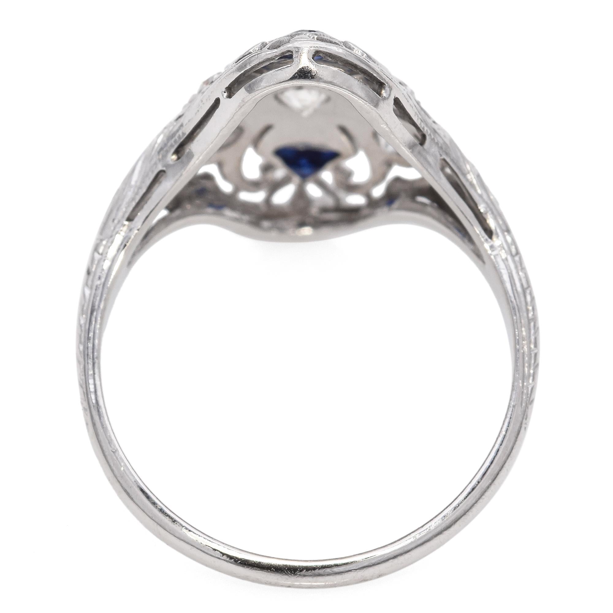 Art Deco 18k White Gold Diamond and Sapphire Filigree Dinner Ring