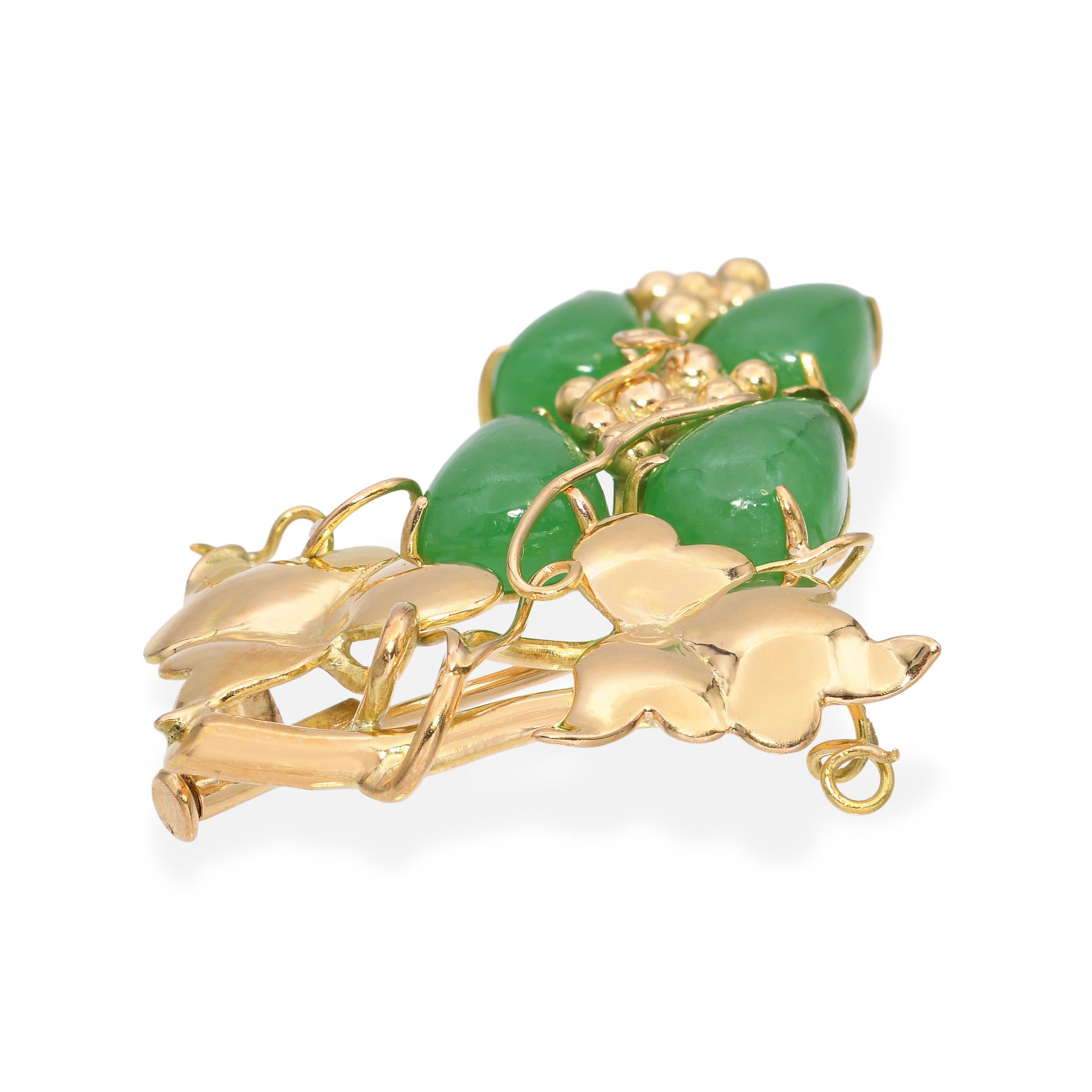 Vintage 18k Yellow Gold 4.62tcw Jadeite Jade Grape Vine Brooch