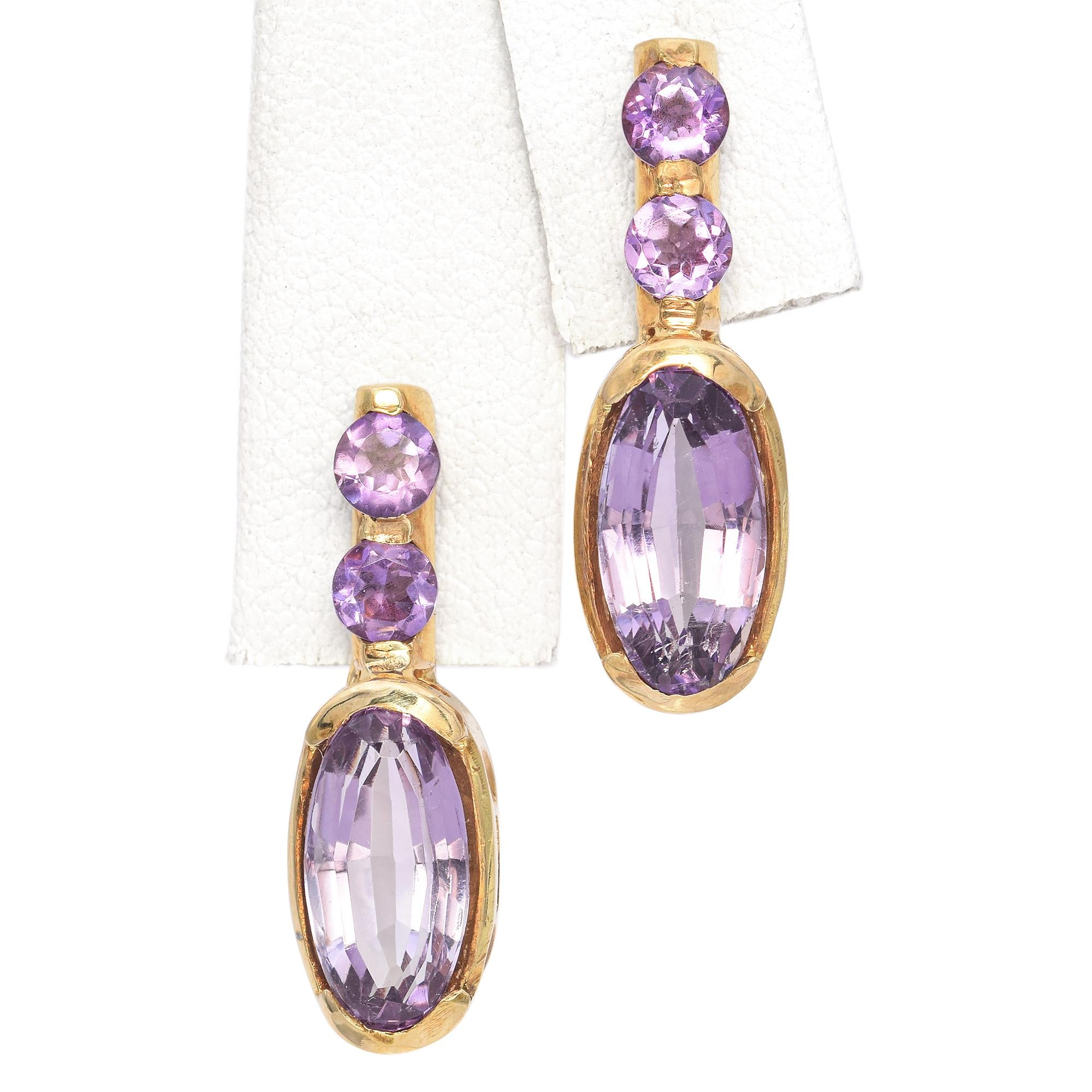 14k Yellow Gold 4.7tcw Amethyst Drop Earrings