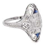 Art Deco 18k White Gold Diamond and Sapphire Filigree Dinner Ring