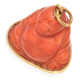 Vintage 18k Yellow Gold Carved Red Coral Smiling Buddha 3D Pendant