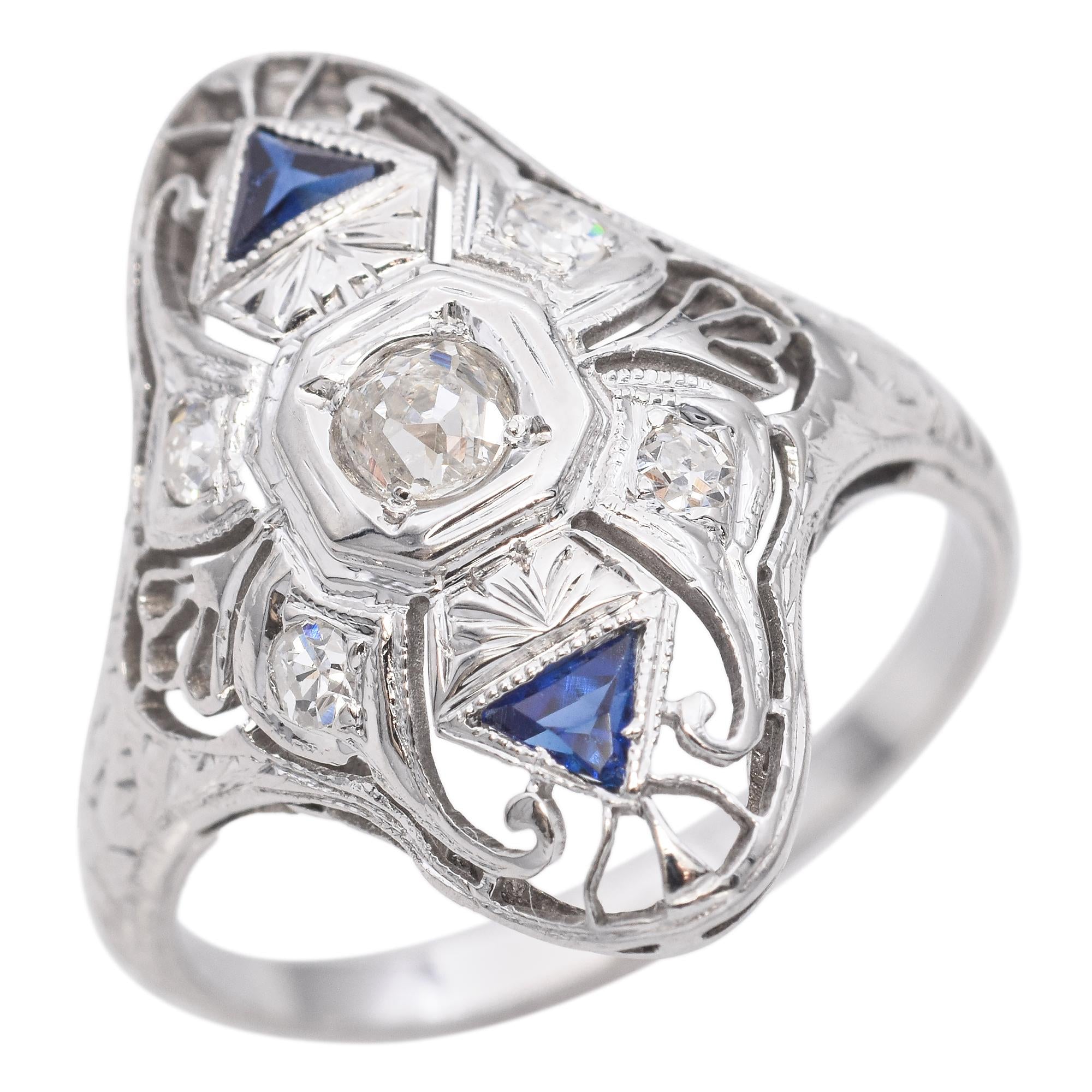 Art Deco 18k White Gold Diamond and Sapphire Filigree Dinner Ring