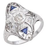Art Deco 18k White Gold Diamond and Sapphire Filigree Dinner Ring